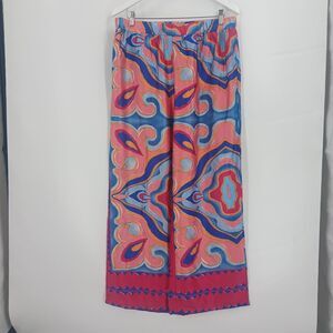 Womens Plus Size 2XL Boho Medallion Print Wide Leg Pants Pink Blue Elastic Waist